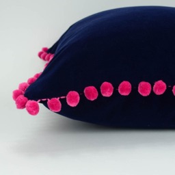 Pink Pom Pillow // Navy & Velvet Cushion Poms Fuschia - thumbnail 2