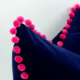 Navy Velvet Pom Pillow - Fuchsia Trim Cushion - thumbnail 4
