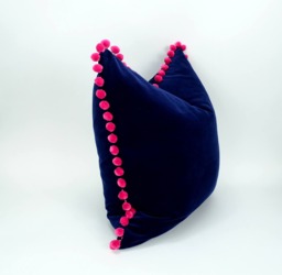 Navy Velvet Pom Pillow - Fuchsia Trim Cushion