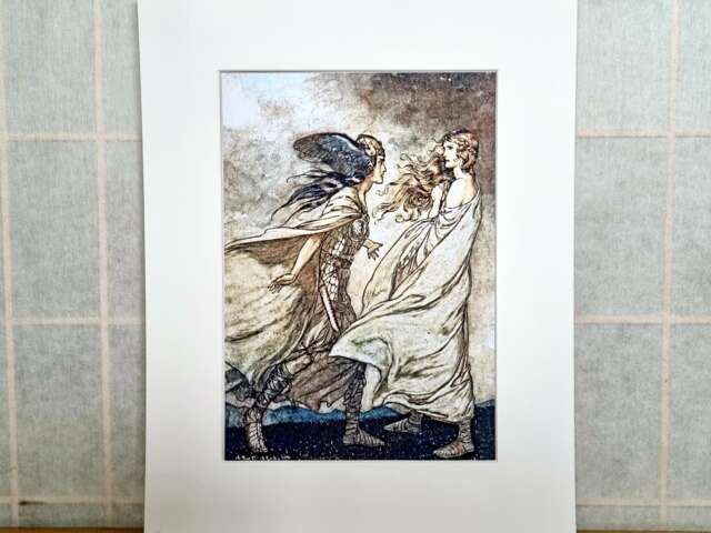 Mounted Art Print Illustration, Arthur Rackham Br??nnhilde & Siegfried Scene, Wagner Ring Cycle Opera Artwork, Archival Matted Reproduction - image 1