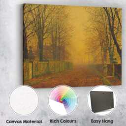 Golden Autumn Avenue Misty Tree Lined Road Painting Canvas Wall Art Print Decor Picture Ready To Hang - thumbnail 2
