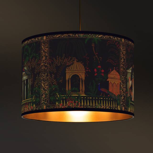 Oriental Escape Lampshade, Peacocks & Moorish Architecture, Gold Interior - image 1