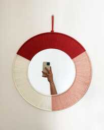 Pink Macrame Mirror Boho Yarn Wall Hanging