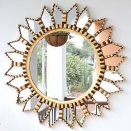 Peruvian Gold Mandala Mirror 60 cm Handmade Wall Decor - Carved Wood Round Boho Statement For Living Room Bedroom Bathroom - thumbnail 1