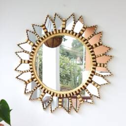 Peruvian Gold Mandala Mirror 60 cm Handmade Wall Decor - Carved Wood Round Boho Statement For Living Room Bedroom Bathroom - thumbnail 2