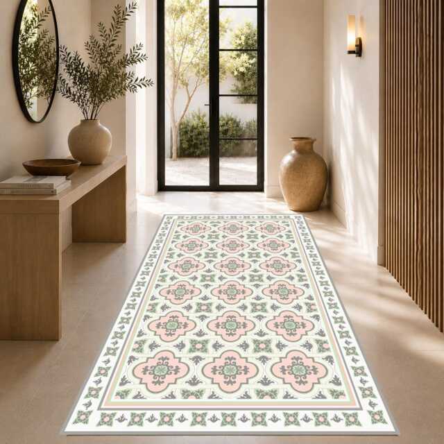 Pink & Green Moroccan Tile Vinyl Floor Mat Kitchen Rug - image 1