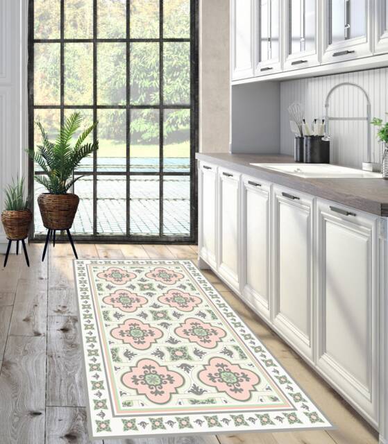 Pink & Green Moroccan Tile Vinyl Floor Mat Kitchen Rug - image 1