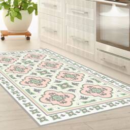 Pink & Green Moroccan Tile Vinyl Floor Mat Kitchen Rug - thumbnail 3