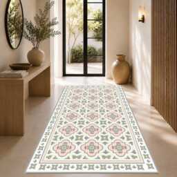Pink & Green Moroccan Tile Vinyl Floor Mat Kitchen Rug - thumbnail 1
