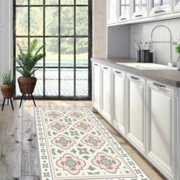 Pink & Green Moroccan Tile Vinyl Floor Mat Kitchen Rug - thumbnail 2