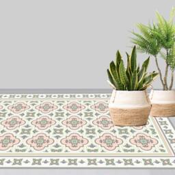 Pink & Green Moroccan Tile Vinyl Floor Mat Kitchen Rug - thumbnail 2