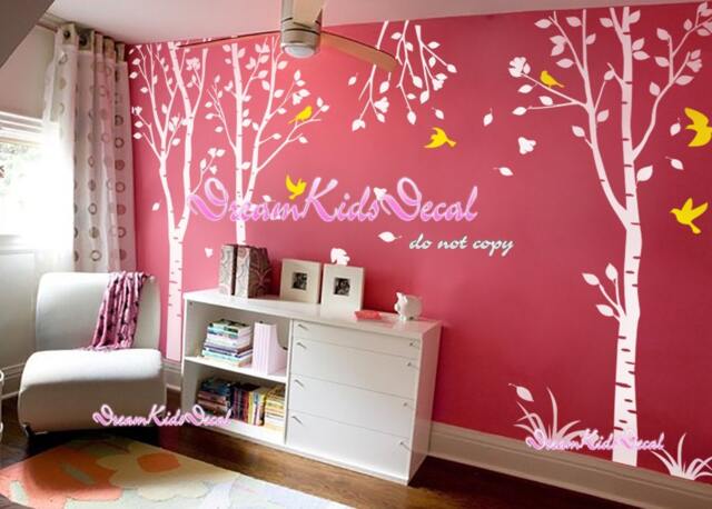 Birch Tree Vinyl Wall Decals, Nursery Decor, Birds, Flowers - image 1