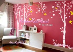 Birch Tree Vinyl Wall Decals, Nursery Decor, Birds, Flowers - thumbnail 1