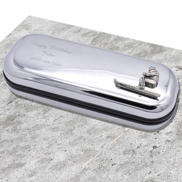 Skier Ski Design Personalised Engraved Chromed Pen Case Box - image 1