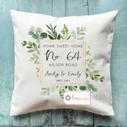 Personalised New Home Sweet Address Housewarming Botanical Greenery Design Quote Linen Style Cushion Home Gift