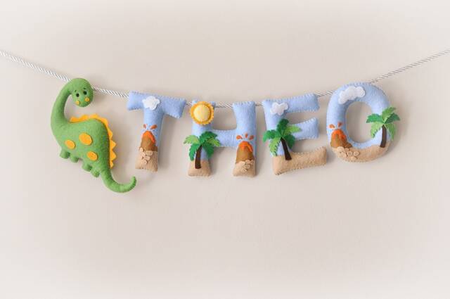 Baby Wall Art, Name Sign, Dinosaur Nursery Decor, Felt Banner, Personalized Gift, Letters, Baby Shower, Garland - image 1