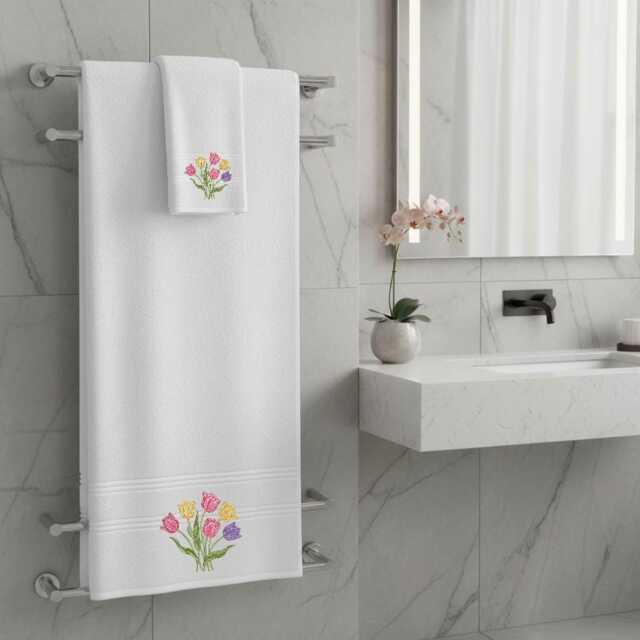 Tulip Flower Embroidered Facecloths, Hand Towels, Bath Towels & Sheets - Comes With A Gift Bag - image 1