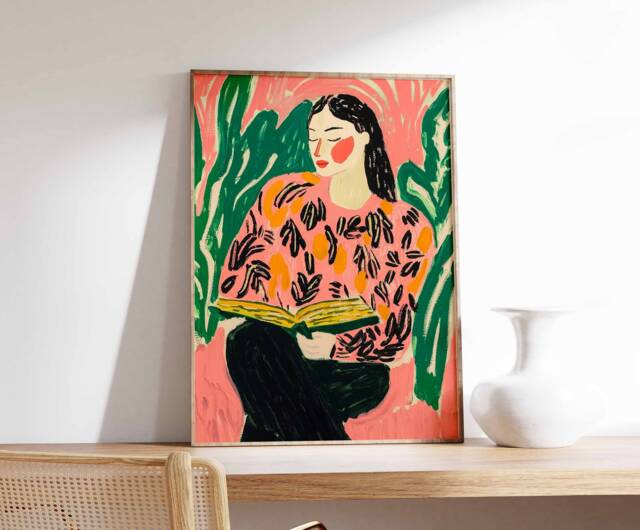 Book Art, Reading Poster, Retro Woman Print, Library Vintage Lovers Gift, Boho Wall Antique Art - image 1