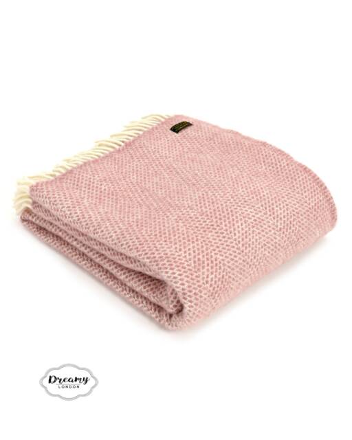 Pink Herringbone Wool Blanket - 100% Pure & Throws Made in England Housewarming Gift - image 1