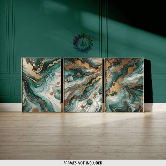 Emerald & Gold Fluid Print Set - Living Room Wall Art - Home Decor Of 3 Prints Colourful Liquid Artwork Modern Ink Poster - image 1