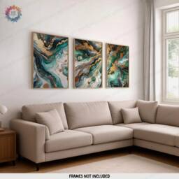 Emerald & Gold Fluid Print Set - Living Room Wall Art - Home Decor Of 3 Prints Colourful Liquid Artwork Modern Ink Poster - thumbnail 2