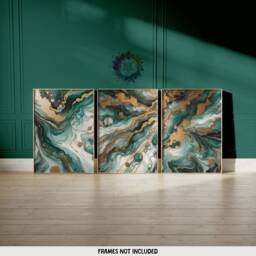 Emerald & Gold Fluid Print Set - Living Room Wall Art - Home Decor Of 3 Prints Colourful Liquid Artwork Modern Ink Poster