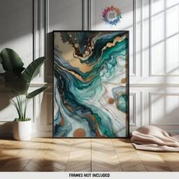 Emerald & Gold Fluid Print Set - Living Room Wall Art - Home Decor Of 3 Prints Colourful Liquid Artwork Modern Ink Poster - thumbnail 3