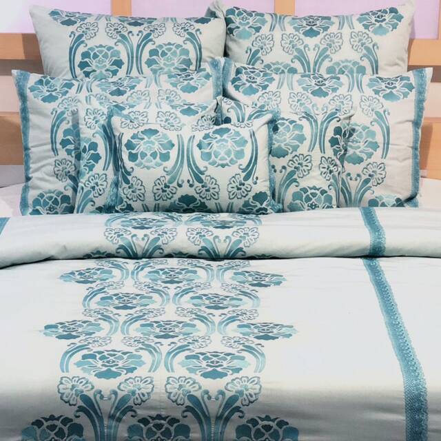 King, Queen & Twin Size Blue Decorative Duvet Cover Set, Cotton Damask Embroidery, Nature Floral Traditional - Beauty - image 1