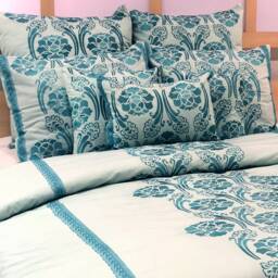 King, Queen & Twin Size Blue Decorative Duvet Cover Set, Cotton Damask Embroidery, Nature Floral Traditional - Beauty - thumbnail 3