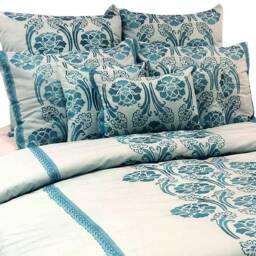 King, Queen & Twin Size Blue Decorative Duvet Cover Set, Cotton Damask Embroidery, Nature Floral Traditional - Beauty - thumbnail 2