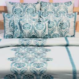 King, Queen & Twin Size Blue Decorative Duvet Cover Set, Cotton Damask Embroidery, Nature Floral Traditional - Beauty - thumbnail 1