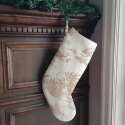 Brown & White Toile Christmas Stocking, Farmhouse Holiday Decor