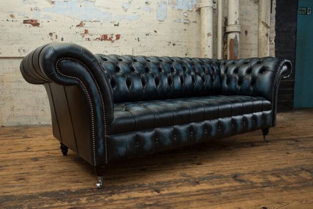 3 Seater Antique Blue Leather Chesterfield Sofa, Traditional British Handmade - image 1