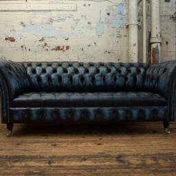 3 Seater Antique Blue Leather Chesterfield Sofa, Traditional British Handmade - thumbnail 2