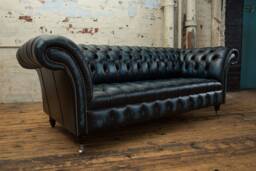 3 Seater Antique Blue Leather Chesterfield Sofa, Traditional British Handmade