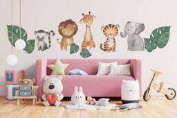 Watercolor Safari Animals Wall Decal Tropical Monstera Leaf Design - thumbnail 1
