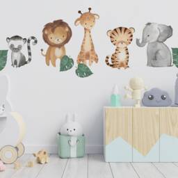 Watercolor Safari Animals Wall Decal Tropical Monstera Leaf Design - thumbnail 2