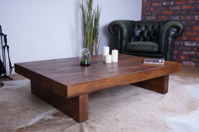Hand-Crafted Chunky Oak Coffee Table - Walnut Finish, Farmhouse/Rustic Style - image 1