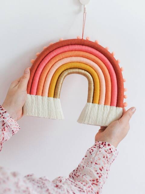 Large Macrame Rainbow Wall Hanging Pink Coral & Gold Nursery Decor - image 1