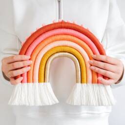 Large Macrame Rainbow Wall Hanging Pink Coral & Gold Nursery Decor - thumbnail 2
