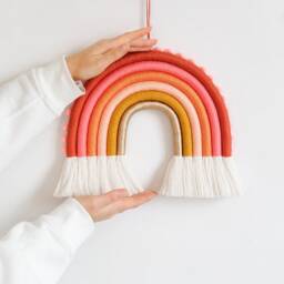 Large Macrame Rainbow Wall Hanging Pink Coral & Gold Nursery Decor - thumbnail 3