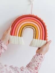 Large Macrame Rainbow Wall Hanging Pink Coral & Gold Nursery Decor - thumbnail 1