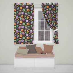 Halloween Donuts Candy Eyeball Ice Cream Seamless Pattern Dark Grey Background Readymade Eyelet Ring Top Thermal 100% Blackout Curtains