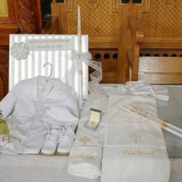 Personalized Baptism Towels, Candles & Oil Sheet For Greek Orthodox Baptism, Bath Towel, Embroidered, Soap Bottle Complete Set - thumbnail 3