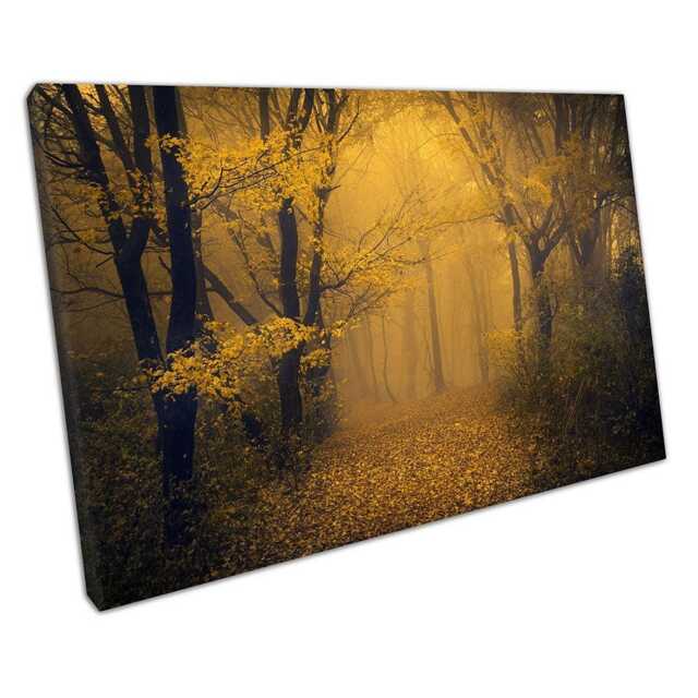 Enchanting Misty Yellow Forest Fantasy Wall Art Print Ready To Hang Home Office Decor - image 1