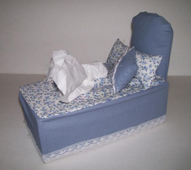 Bed Shaped , Tissue Box Cover Two Mini Pillows Blue Floral Novelty Fabric Craft Home Decor Unique Design - image 1