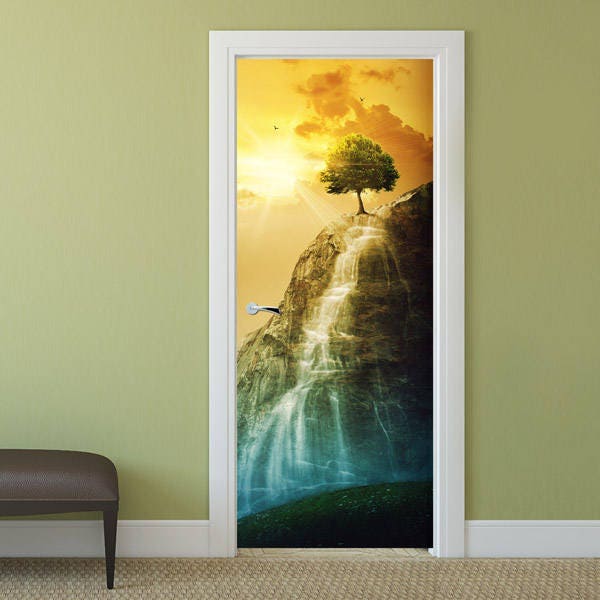 Mountain Wall Decal, Nature Sunset Door Sticker, Tree Wallpaper, Covering, Decor Mural, Bedroom Living Room Home - image 1