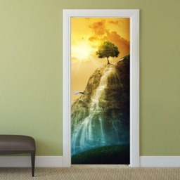 Mountain Wall Decal, Nature Sunset Door Sticker, Tree Wallpaper, Covering, Decor Mural, Bedroom Living Room Home - thumbnail 1