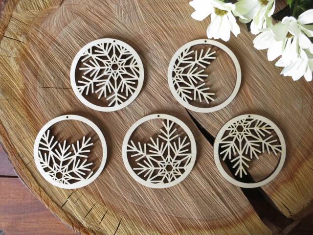 Birch Wood Snowflake Ornaments Set Of 5, Laser Cut Christmas Decor - image 1