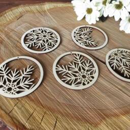 Birch Wood Snowflake Ornaments Set Of 5, Laser Cut Christmas Decor - thumbnail 2